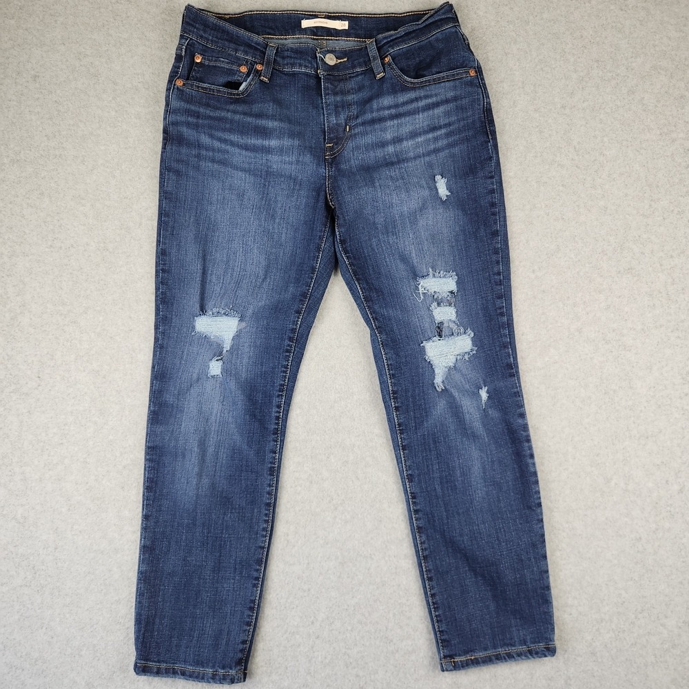 Levi's Women's Boyfriend Jeans W28 L27 Dark Wash Distressed High Stretch